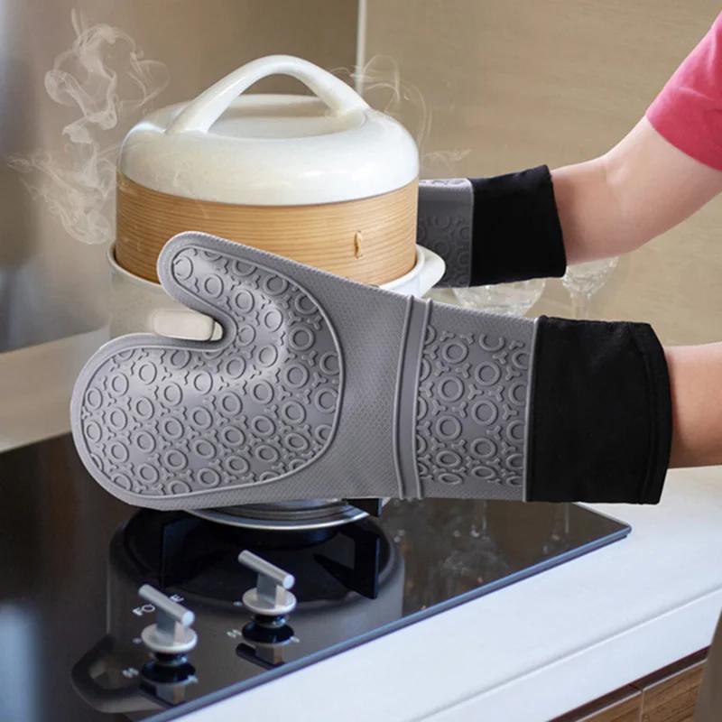 Guantes de Silicona Gruesos para Hornear Impermeables Resistentes al Calor Manopla de Horno con Algodón Cocina Cocinar Microondas Guantes para Barbacoa Salvamanteles