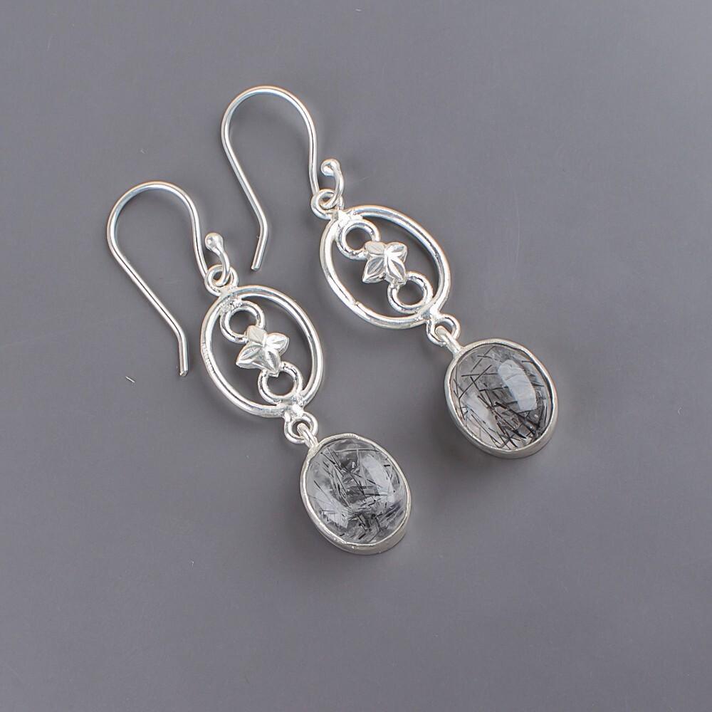 Natürlicher Schwarzer Rutil Edelstein 925 Sterlingsilber Schmuck Handgefertigte Ohrringe 2,00" EE-17-26