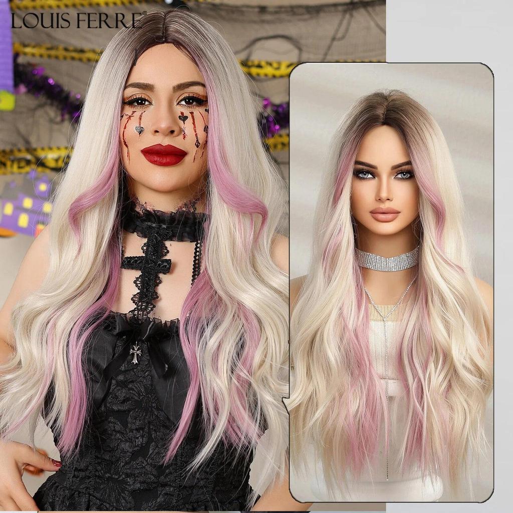 LOUIS FERRE Ombre brązowe różowe peruki syntetyczne długie faliste sztuczne włosy dla kobiet z grzywką codzienne Cosplay peruki z włókna termoodpornego