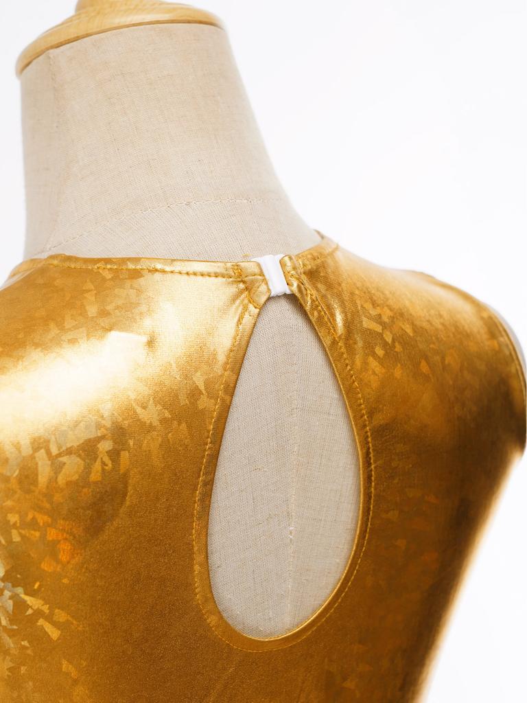 Sleeveless Keyhole Back Dress with Metallic Bodice Cutout Waist Asymmetrical Gradient Mesh for Girls Lyrical Dance Competition