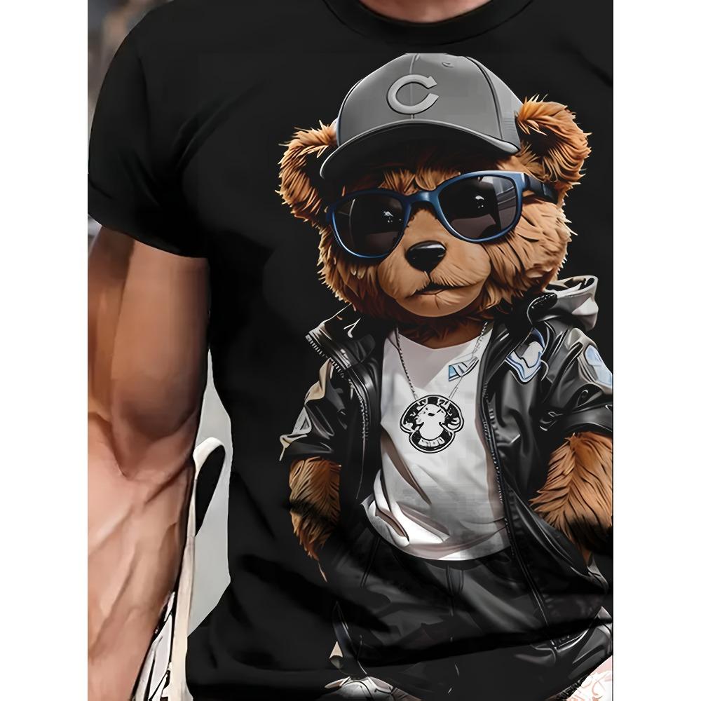 Europäische Größen Herren Lustiges Grafik-T-Shirt - Cooler Teddybär mit Modebrille Urban Streetwear T-Shirt - Weiches atmungsaktives Polyesterhemd für Partys