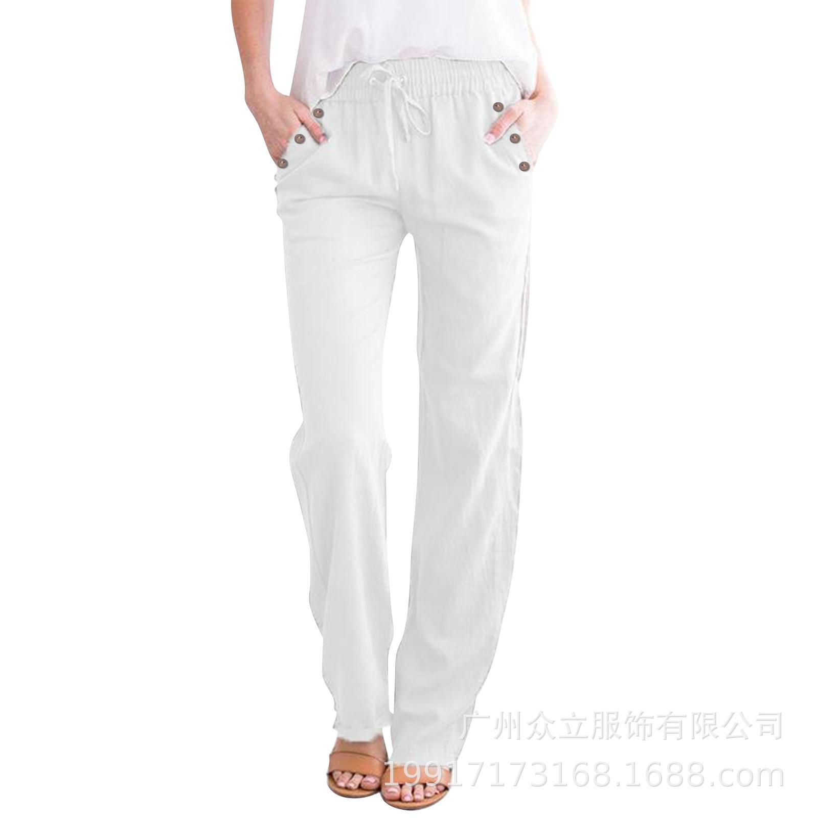 Women Linen Cotton Blend Straight Leg Drawstring Casual Pants S