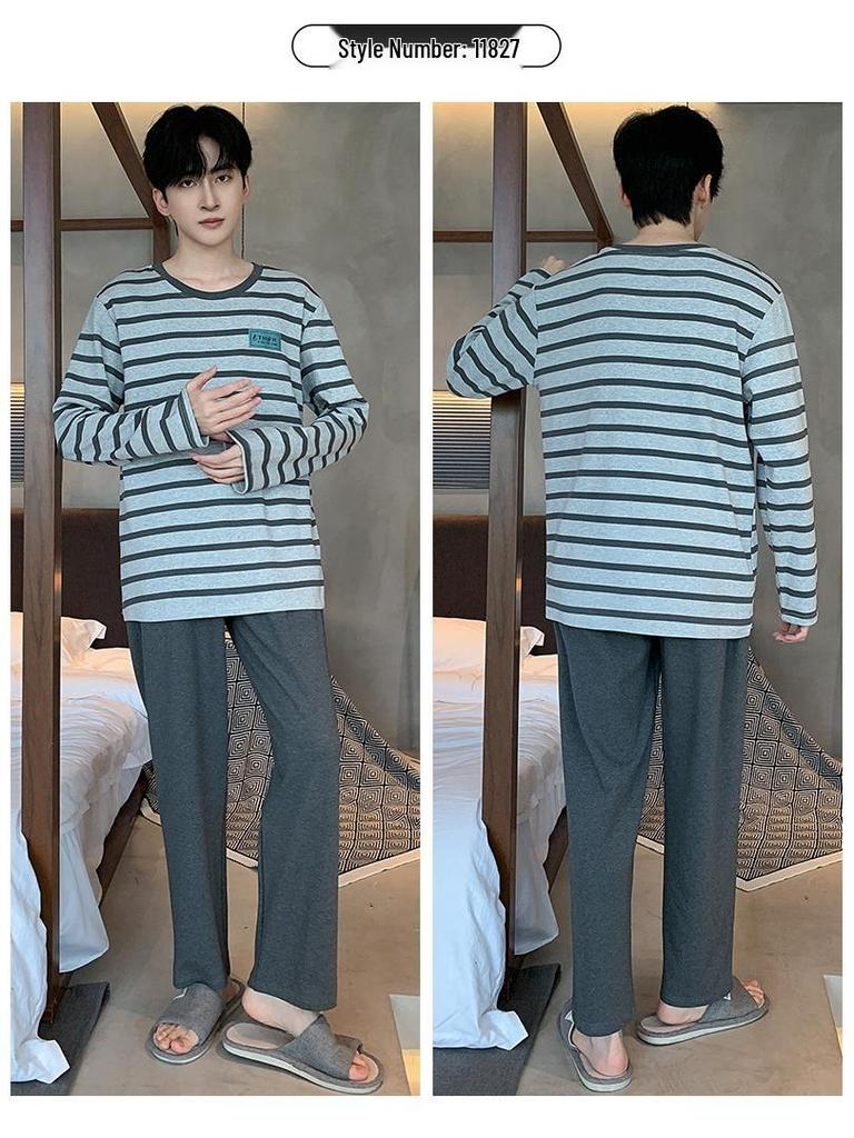 Męski bawełniany zestaw piżamowy z długim rękawem - Casualowy, luźny krój, plus size, styl koreański na jesień i wiosnę