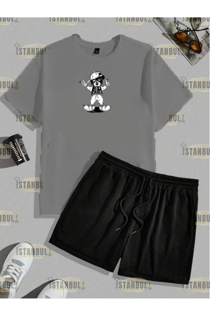 Conjunto de camiseta y pantalones cortos con estampado de oso Happy Street para hombre, talla grande, talla grande, conjunto de parte superior inferior de chándal