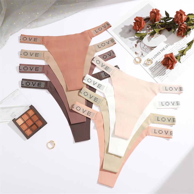 FINETOO 3Pcs Seamless Ice Silk Underwear for Women Sexy Rhinestone Letter Thongs Female Low Waist Panties Soft Stretchy Lingerie