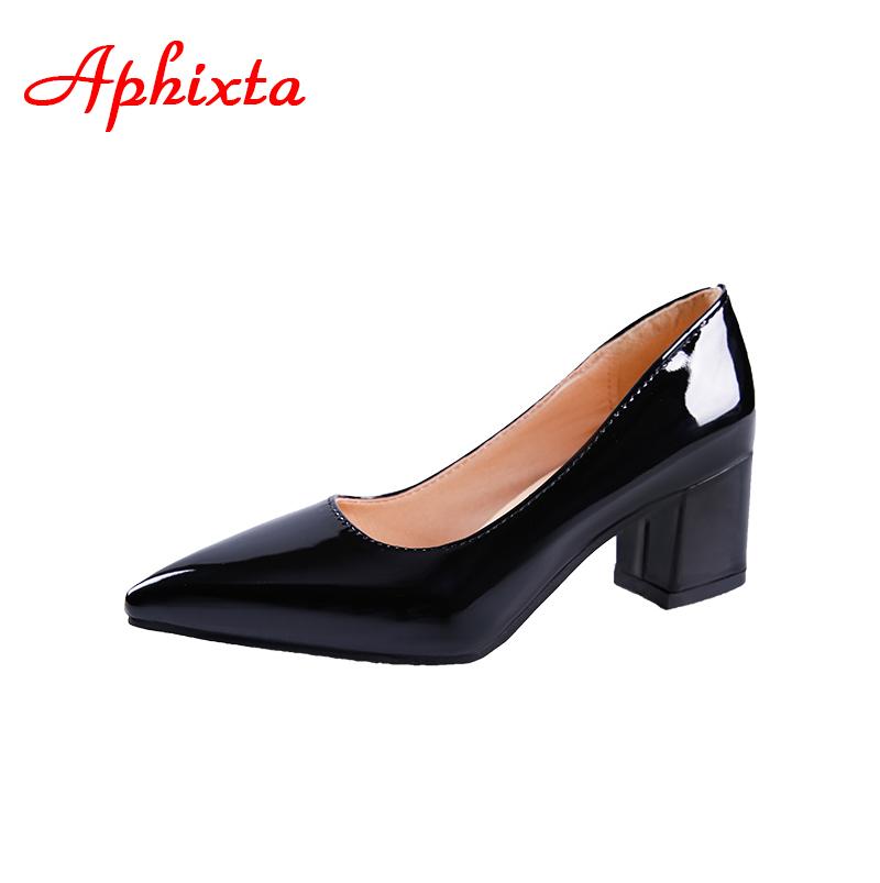 Fashion Aphixta 5cm Square Heels Patent Leather Red Pumps Shoes Woman Classics Pointed Toe Dress Official Pumps Party Plus Size 49 50
