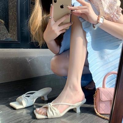 Fashionable Thin Strap Bow Slippers Square Toe Middle Heel Summer Shoes for Women Solid Elegant Slip On Slides Sandales Femmes