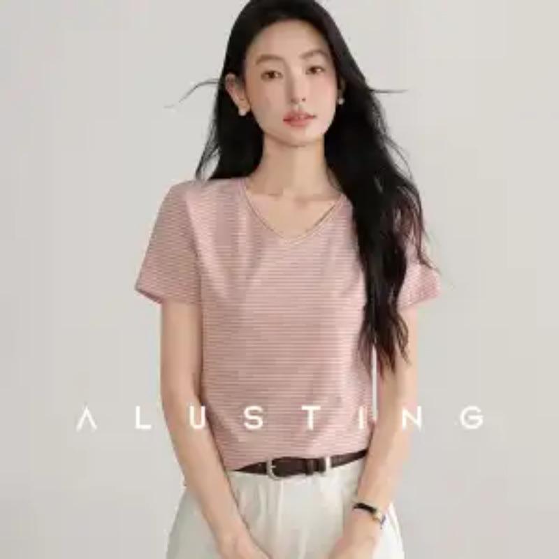 Women Khaki White Stripe V Neck Short Sleeve Casual T Shirt M розовый