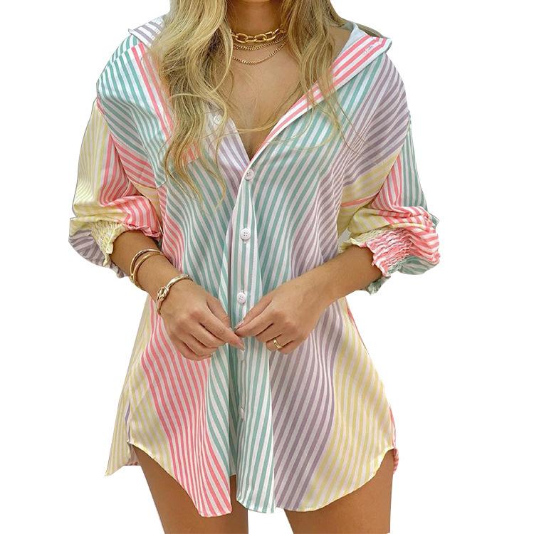 1116 popular, summer long-sleeved V-neck button-up striped shirt dress