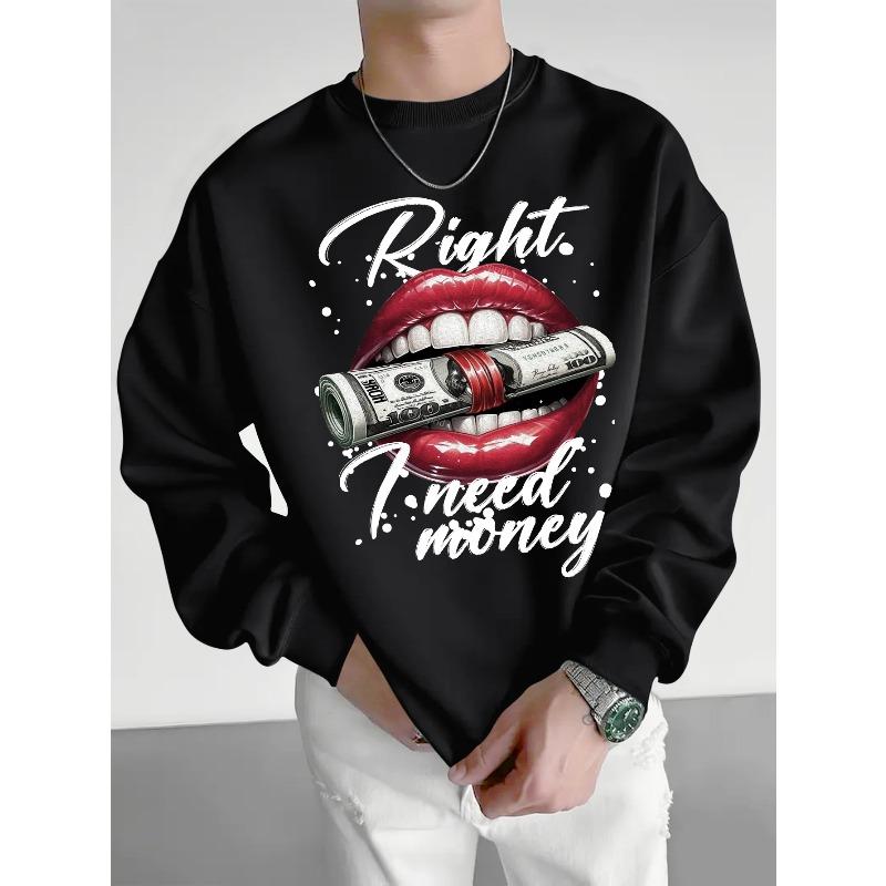 Men's Sweatshirt with "Money In the Mouth" Print, Round Neck Loose Fit, Trendy Street Style, Casual Streetwear Top, Holiday Gift
