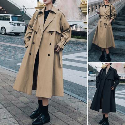 Frauen Windjacke Zweireiher Lose Drehen-unten Kragen Frühling Herbst Vintage Temperament Pendeln Graben Mantel