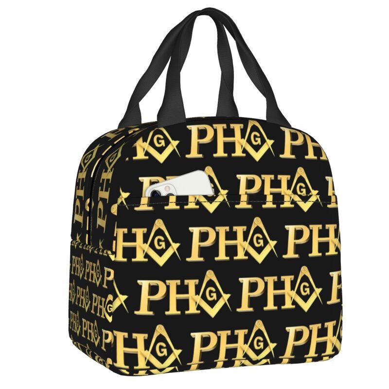 Custom Freemason Square And Compasses Insulated Lunch Tote Bag for Women Portable Cooler Thermal Bento Box Work School Travel 22x20x13cm