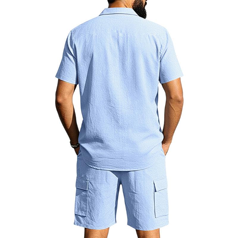 Casual Solid Color Linen Two Piece Sets Mens 2026 Spring Summer Fashion Short Sleeve Shirts and Shorts Outfits Men Linen Suits