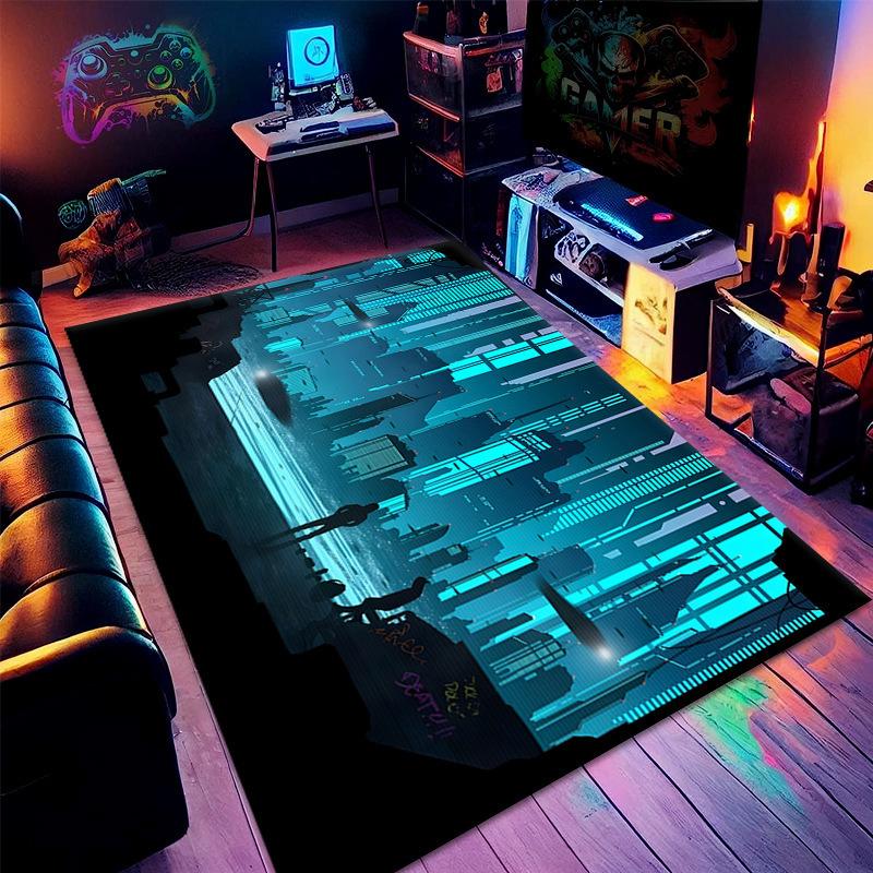 Gaming-Bereichsteppich 3D-Schwarzlicht Sci-Fi-Stil Teppich Zukünftige Technologie-Thema Bedruckte Heimdekorationsmatten für Esszimmer Wohnzimmer Sofa