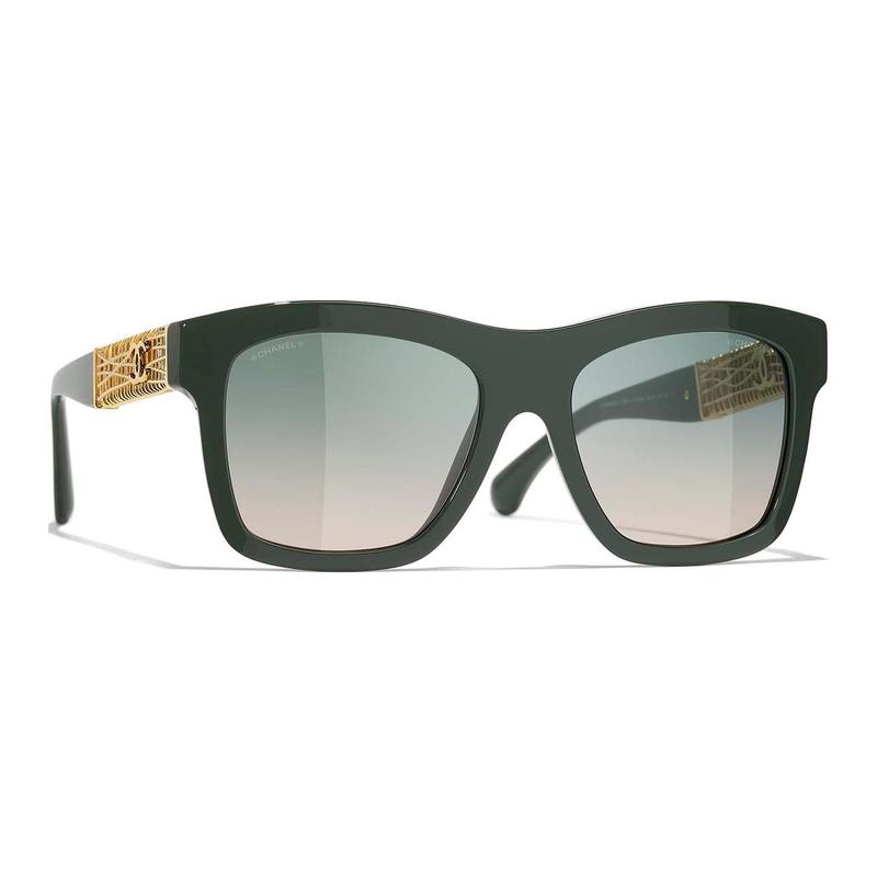 CHANEL Logo Detail Metallic Acetate Irregular Sunglasses Women's Green