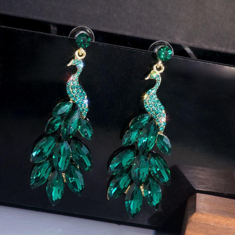 

Peacock Tail Crystal Earrings: Autumn/Winter Green & Red 925 Silver for Women