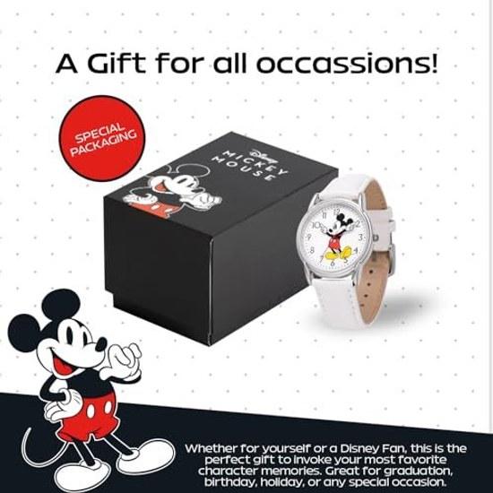 Disney Mickey Mouse Adult Classic Cardiff Jointed Hand Analog Quartz Leather Strap Watch White 2 - Silver Case/White