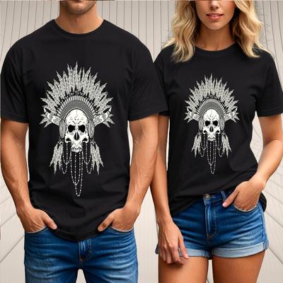 Gothic Skull Tshirt Unisex Tribal Feather Head Native Style Graphic Art Gift Tee