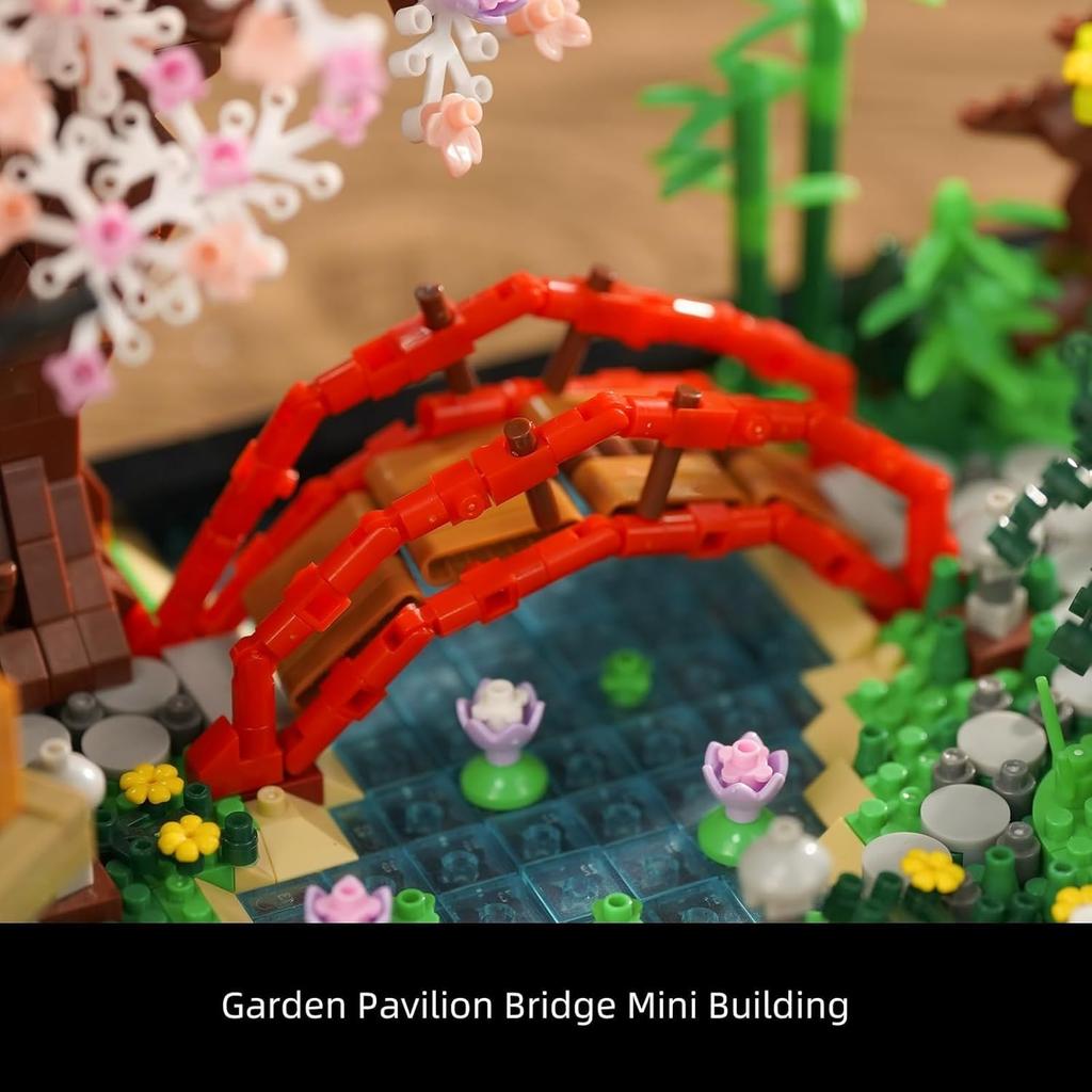 Japanese Zen Gardens and Meditation Cherry Blossom Garden Pavilion Bridge Mini Building Blocks Set Bonsai Trees Building Set for Adults and Kids Toy