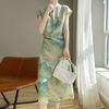 Retro New Chinese Style Silk Cotton Dress for Women with High-end Standing Collar Button Chinese Style Printed Mid-length Base Long Skirt