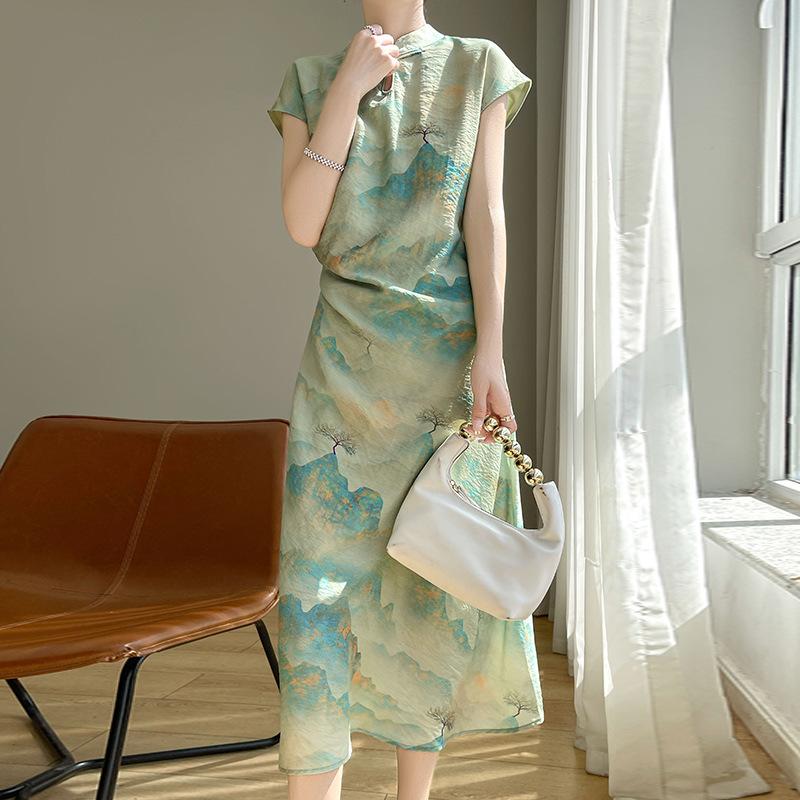 Retro New Chinese Style Silk Cotton Dress for Women with High-end Standing Collar Button Chinese Style Printed Mid-length Base Long Skirt