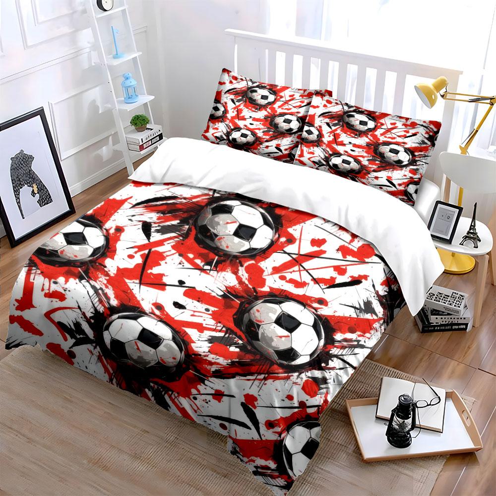 Red And Black Splash Soccer Ball Pattern 3Pcs Bedding Set Soft Microfiber Bedding Set For Football Fans Boys Bedroom
