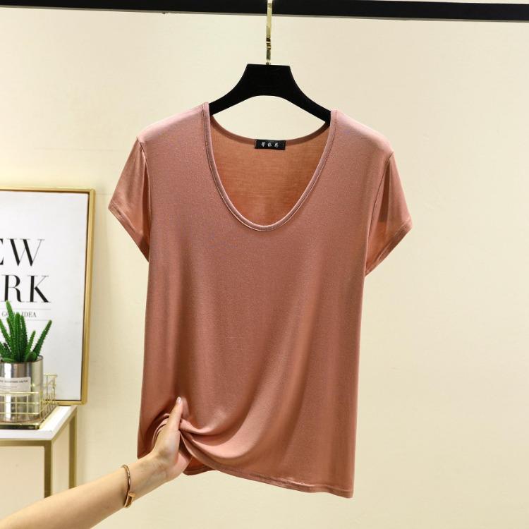 Plus Size Women's Loose U Neck Short Sleeve Modal Tee Thin Solid Color Tshirt All Match Tops M to 6XL