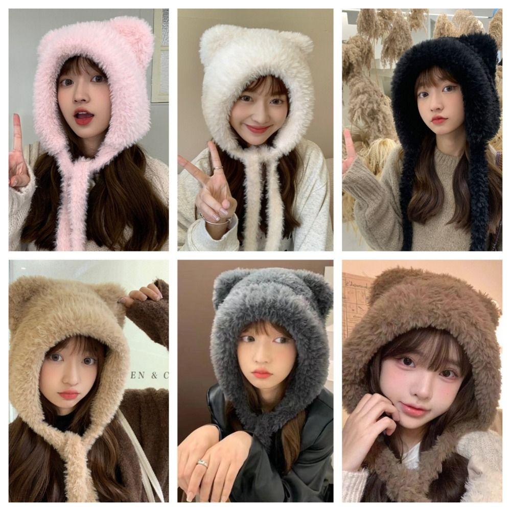 Lamb Fleece Bear Ears Skull Cap Earmuffs Ear Protection Beanie Hat Woolen Plush Hat Female/Girls