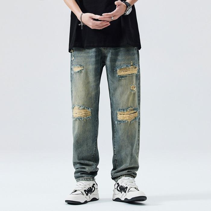 

Новые американские ретро синие свободные повседневные универсальные джинсы с рваными коленями 40