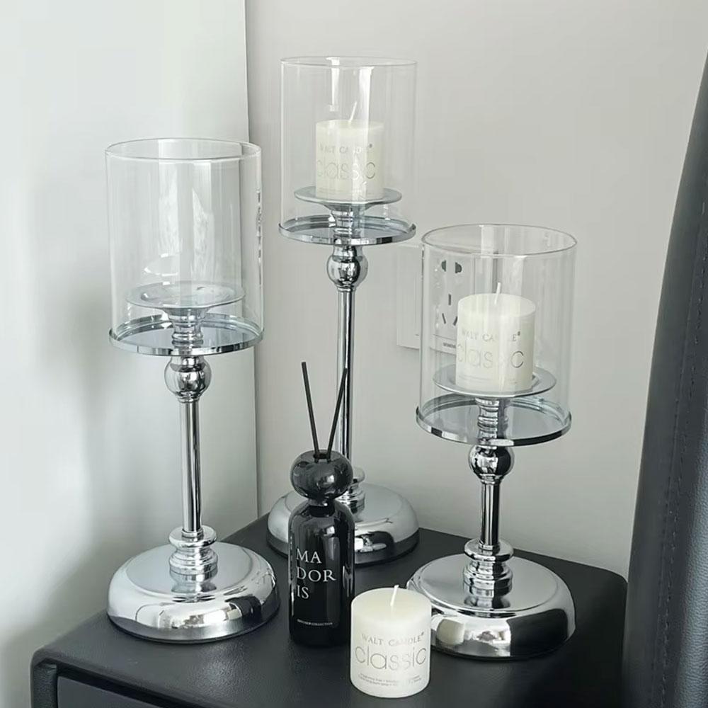 Luxury Wedding Decor Pillar Candle Container with Metal Base Tea Light Holder Glass Candle Holder Candlestick Birthday Gifts