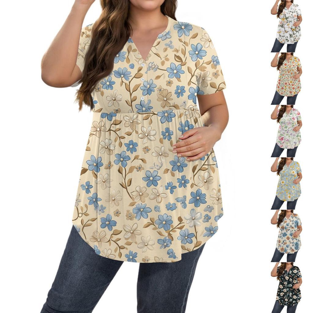 Dame Print Stor Størrelse V-hals Knapp-opp Topp Casual Kortermet Vid Topp