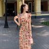 2026 New Summer Gallery Vacation Style Small Flying Sleeves Slim French Retro Slim Slim Dress Coffee Break Dress