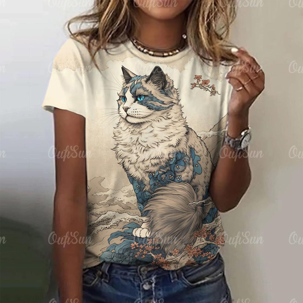 Top Women Fashion Woman Blouse 2024 3d Japanese Style Cat Print T-Shirts O-Neck Short Sleeve Tees Female Clothing Y2k T Shirts