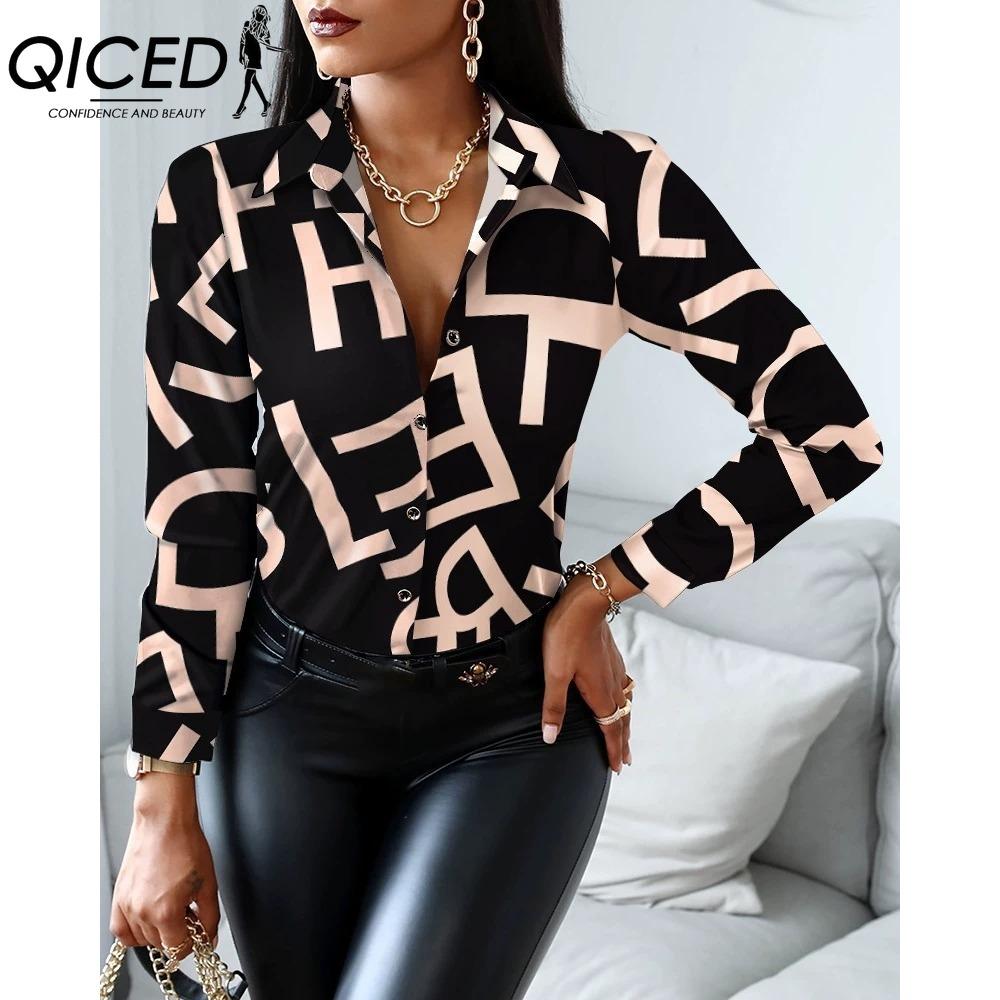 QICED Women's Fashion Casual Solid Color Print Long Sleeve POLO Neck Blouses & Shirts