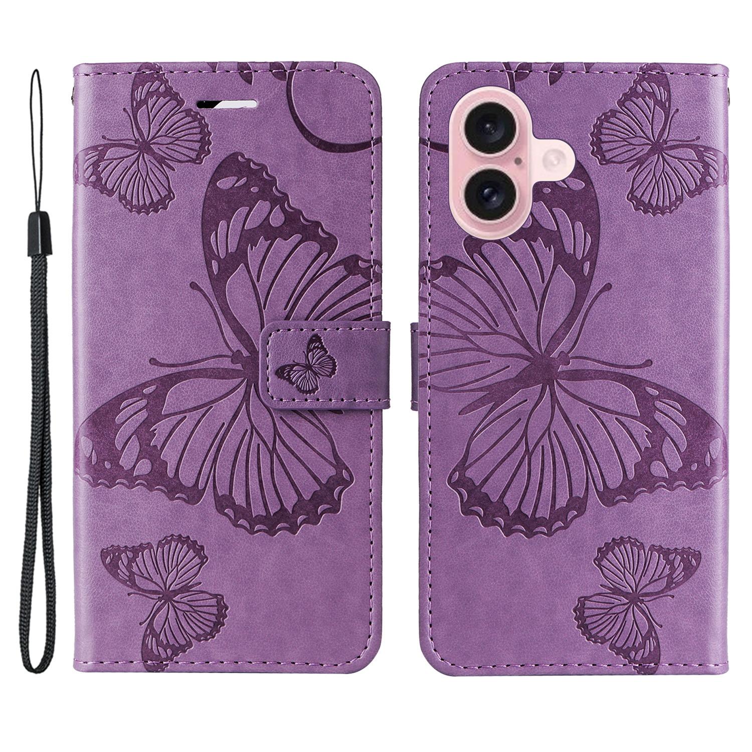 

For iPhone 16 Wallet Case Floral Butterfly Imprinted Leather Phone Cover Stand Light Purple