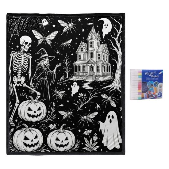 Interactive Coloring Art Gift Halloween DIY Blanket with 24 Markers, Washable Throw Blanket, Color Fabric Kit Your Own Spooky Pattern Mat for