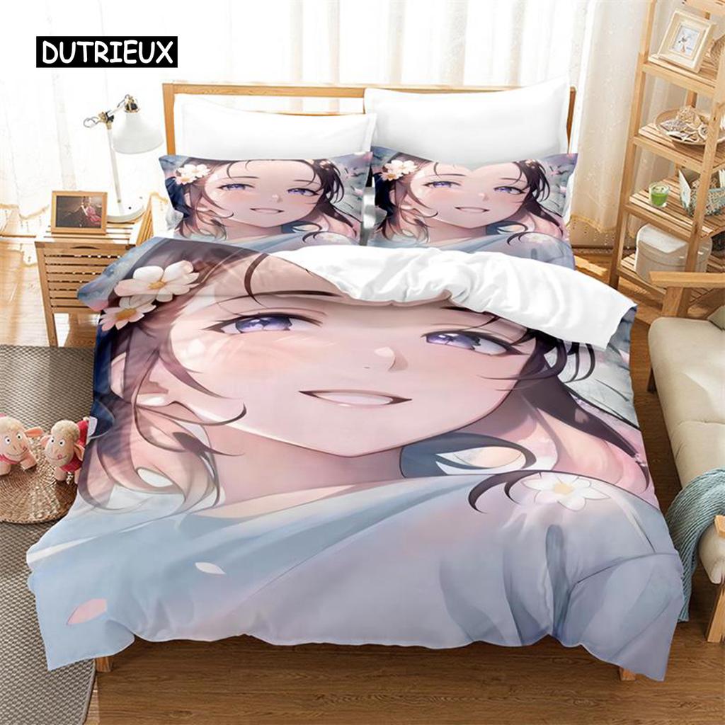 Zestaw pościeli Anime Girl Zestaw poszwy na kołdrę Pościel 3D Druk cyfrowy Pościel Rozmiar Queen Zestaw pościeli Projekt mody
