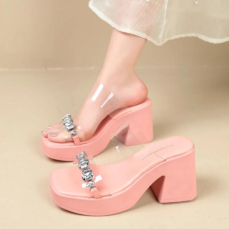 Transparent Slippers Female Shoes Platform Square heel Slides Jelly Flip Flops Women Heels 2025 Block Glitter High Crystal