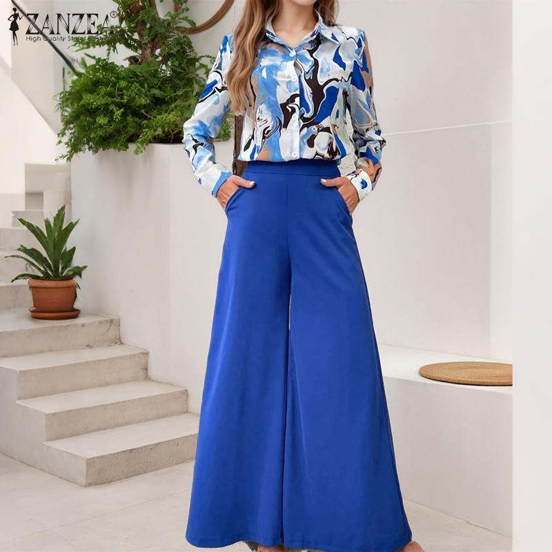 ZANZEA Women Long Sleeve Print Blouse and Wide Leg Pants Casual Two Piece Suit Sets