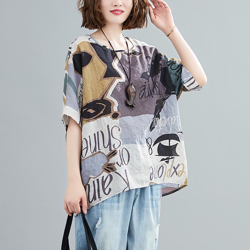 Maglietta larga di grandi dimensioni, casual, con stampa floreale, camicetta inferiore per donna, vintage, scollo a V, maniche a pipistrello, top per donna