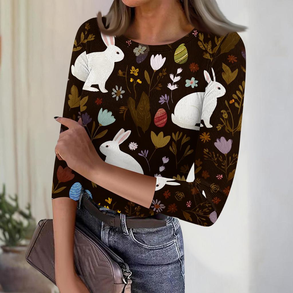 Women's Casual Fashion Round Neck Easter Print Three-Quarter Sleeve Ribbed Top