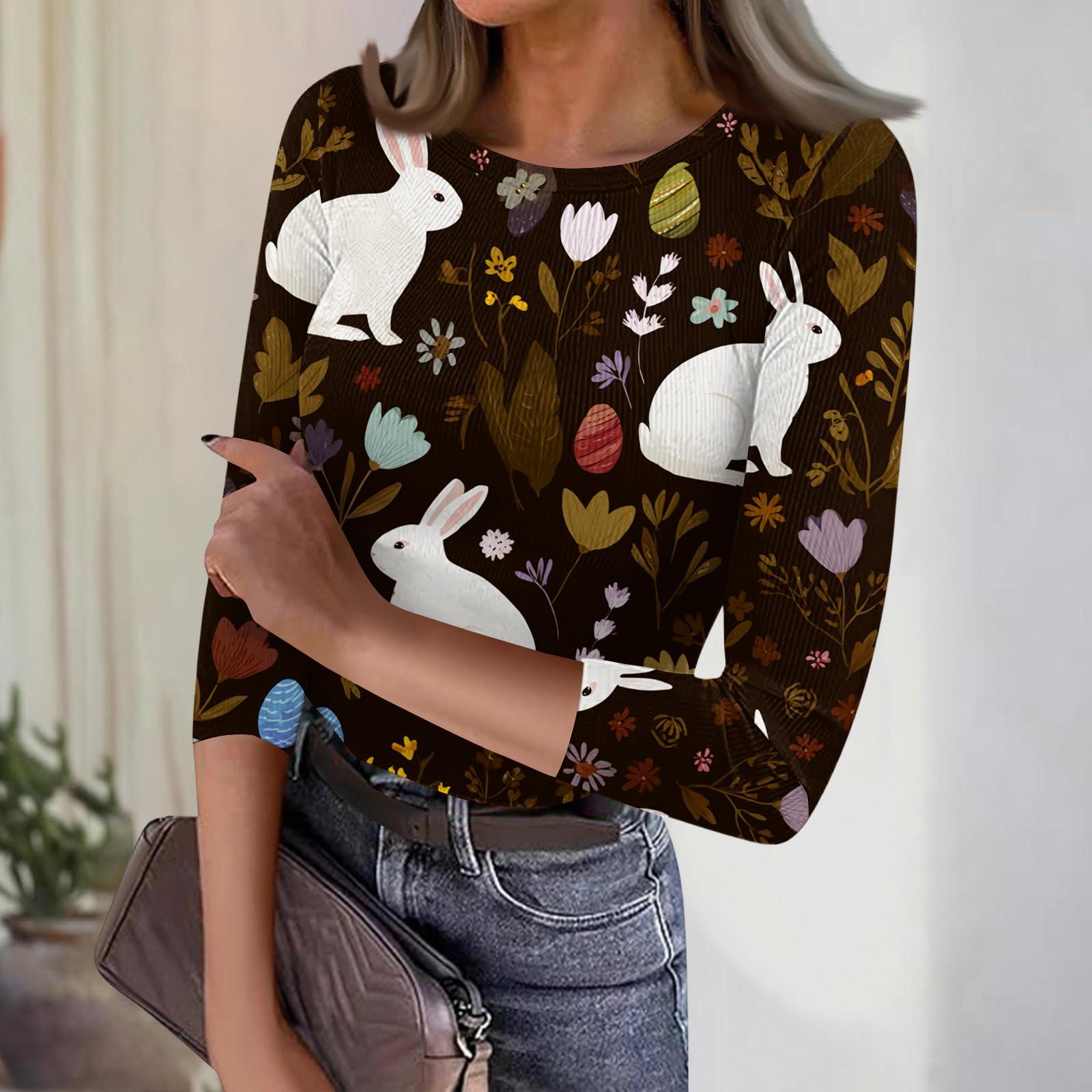 Women s Casual Fashion Round Neck Easter Print Three-Quarter Sleeve Ribbed Top S