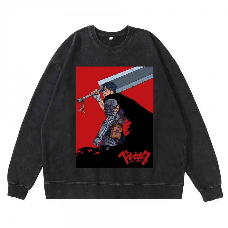 Heavyweight 360g Washed Vintage Berserk Anime Streetwear Cotton Pullover Hoodie-Free Crewneck Sweatshirt Men