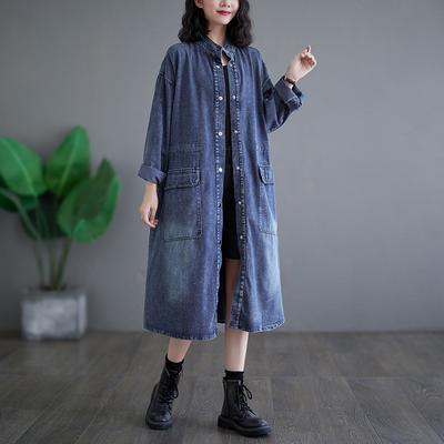 Plus Size Spring Women Denim Coat Cotton Casual Vintage Long Jacket Loose Oversized Pockets