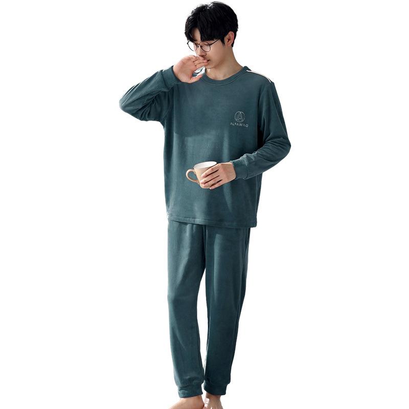 Autumn And Winter Coral Fleece Pajamas Men'S Fleece Pullover To Keep Warm Green Island Fleece Loungewear Thin Suit Spring And Autumn