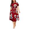 Women's Plus Size Printed Midi Dress - Round Neck, Short Sleeve, Waist-Cinched, European American Style