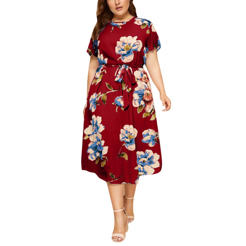 Women's Plus Size Printed Midi Dress - Round Neck, Short Sleeve, Waist-Cinched, European American Style