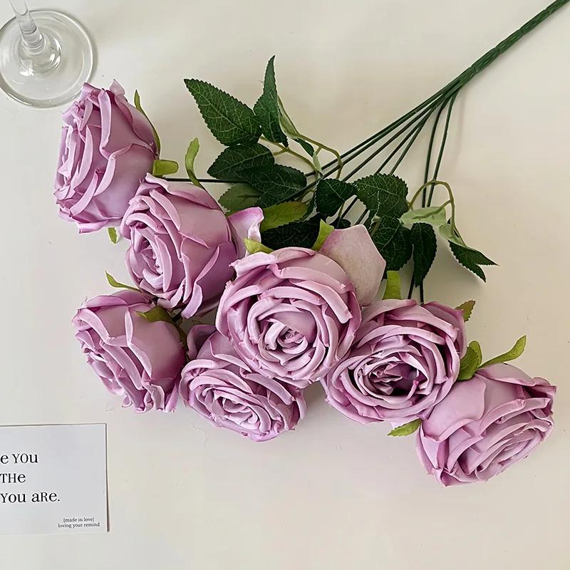 7 Heads Rose Artificial Wedding Home Decoration Brushed Cloth Simulation Rose Bouquet Home Hotel Decoration Fake Flowers