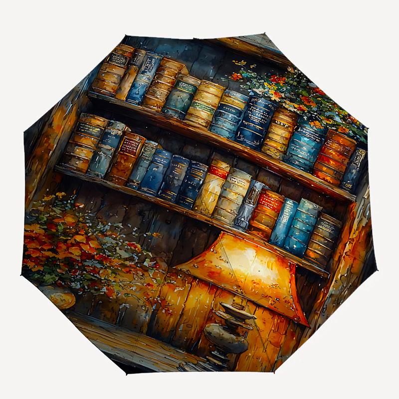 Bücherregal, Lampen-Thema, Automatisches Öffnen und Schließen, Helle Farben, 8-Speichen, Tragbarer Regenschirm, Geeignet für Männer und Frauen, Ein Perfek