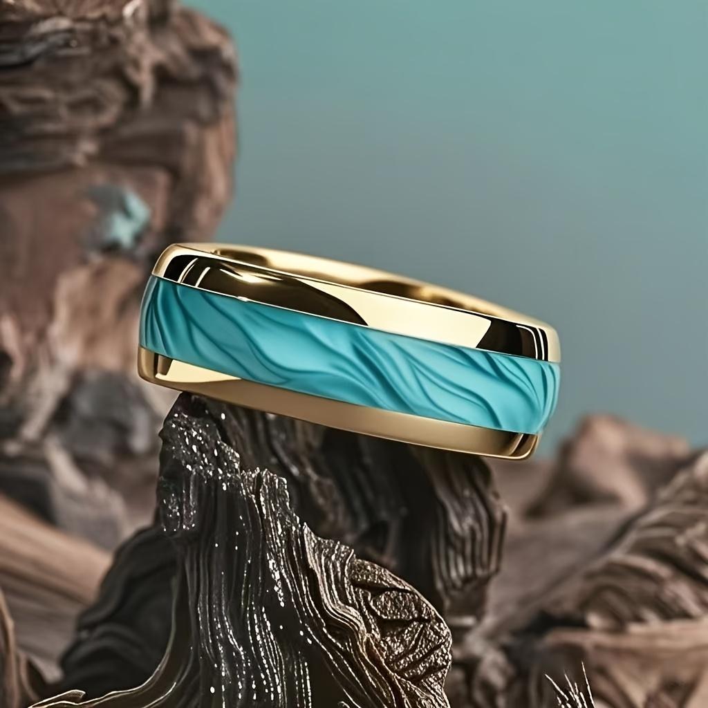 Unique Turquoise Stone Inlay Gold Color Steel Ring  Engagement Wedding Band Jewelry Ocean Style Stainless Steel Ring
